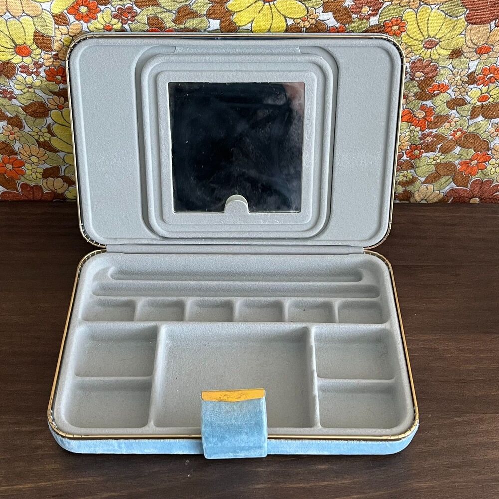 Vintage 60s Baby Blue Velvet Travel Jewelry Case Vanity